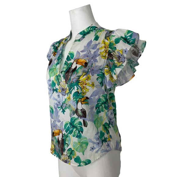 Lavender Brown Blouse Top XS Multicolor Toucan Design Ruffle Cap Sleeve V-Neck - Picture 3 of 12